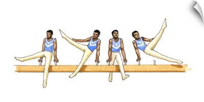 Sequence of illustrations showing male gymnast competing on pommel horse