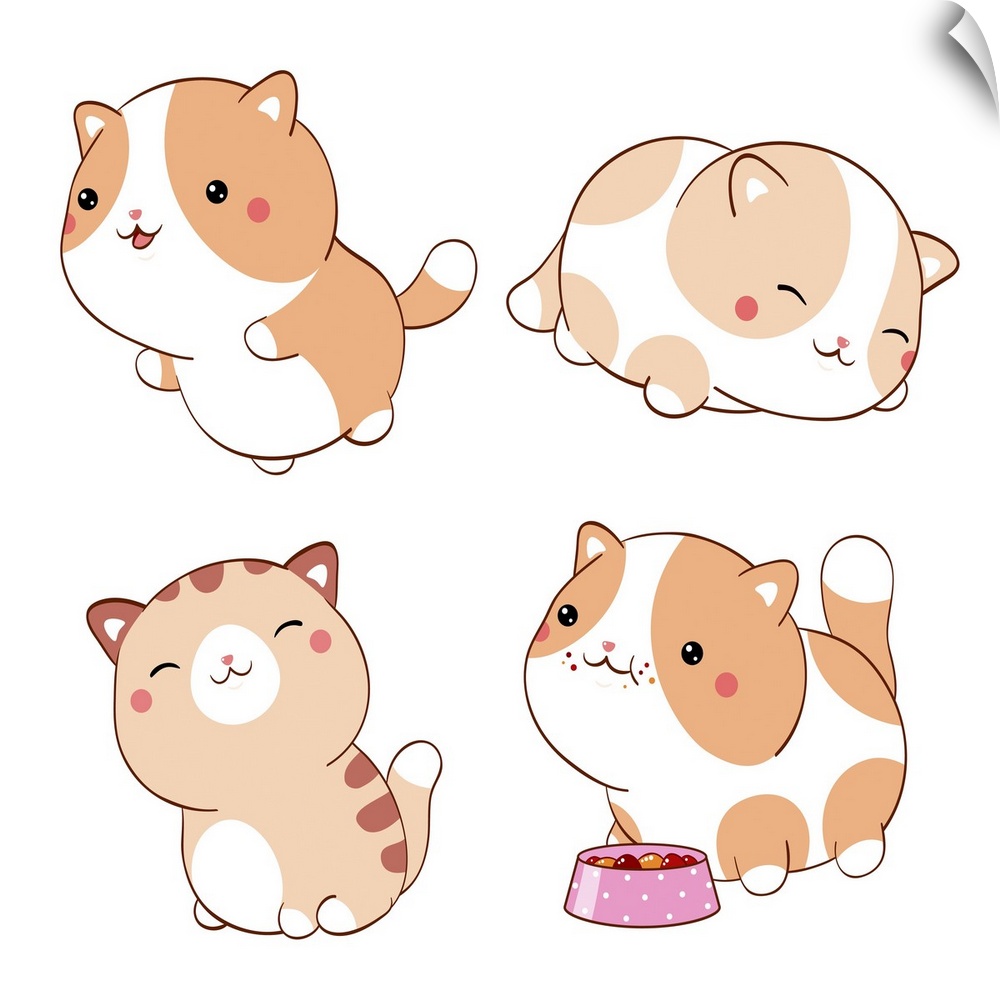 Set of cute fat cats in kawaii style. Collection of lovely little kitty in different poses. Originally a vector illustration.