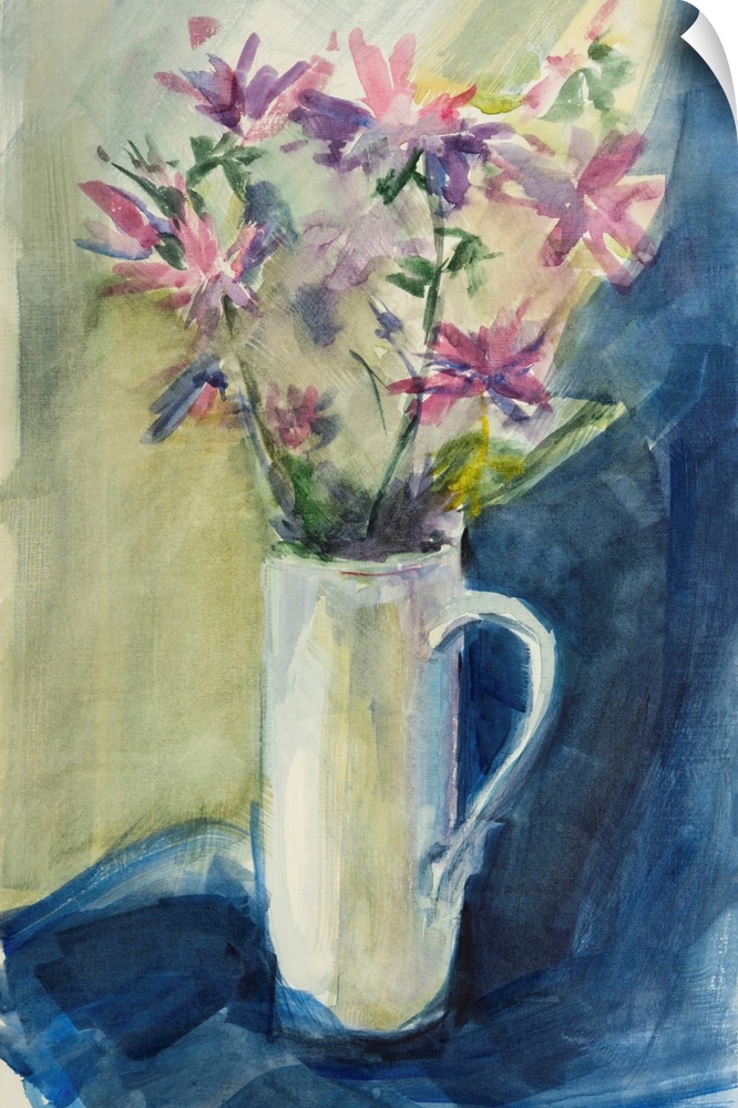 Delicate pink wildflowers in a white vase on a blue drapery.