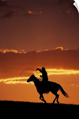 Silhouette of cowboy on horseback at sunset