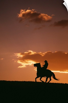 Silhouette of cowboy riding horse at sunset