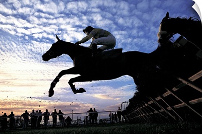 Silhouette of Horses Jumping a Steeplechase