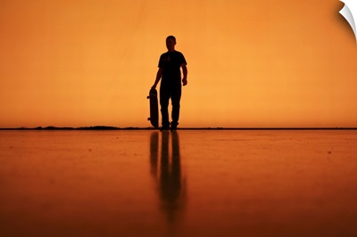 Silhouette of man with skateboard, Berlin.