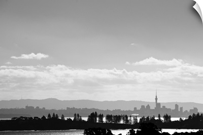 Skyline of Auckland, New Zealand as seen from Waiheke Island, New Zealand.