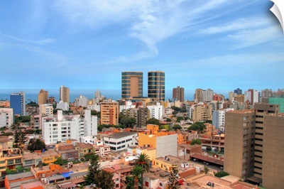 Skyline of Miraflores district of Lima, Peru with Pacific Ocean behind