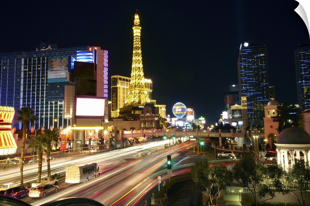 Skyline of 'Paris Las Vegas' and the 'Eiffel tower' on Las Vegas Boulevard illuminated at night