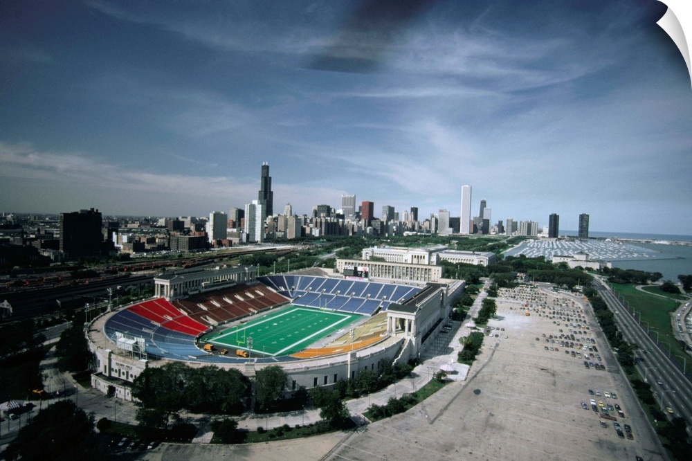 The Chicago Loop skyline can be seen in the background of Chicago's lakefront stadium, Soldier Field.