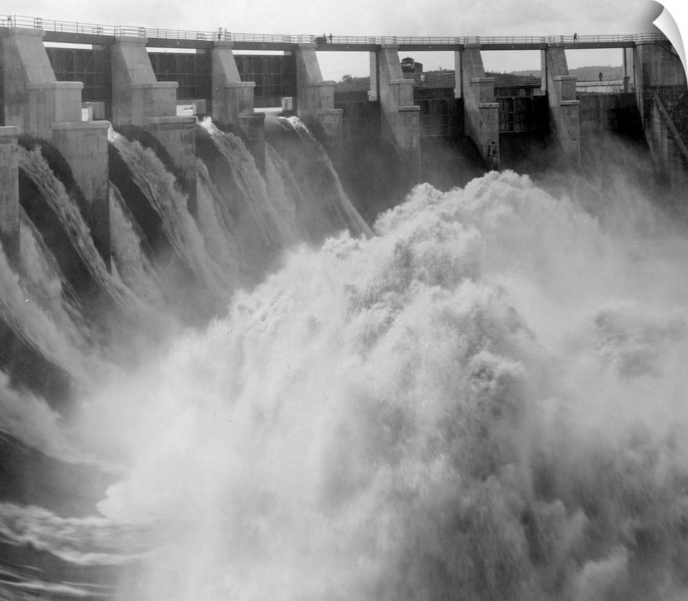 Torrents of water splash in the spillway of the Gatun Dam in the Panama Canal. Panama.