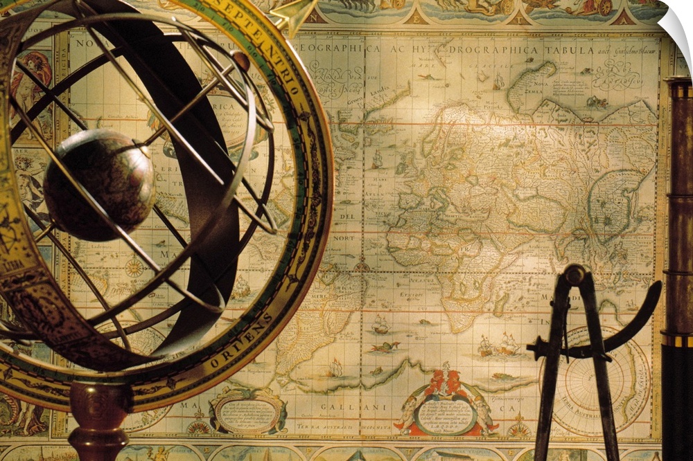 spyglass and compass with old map and globe