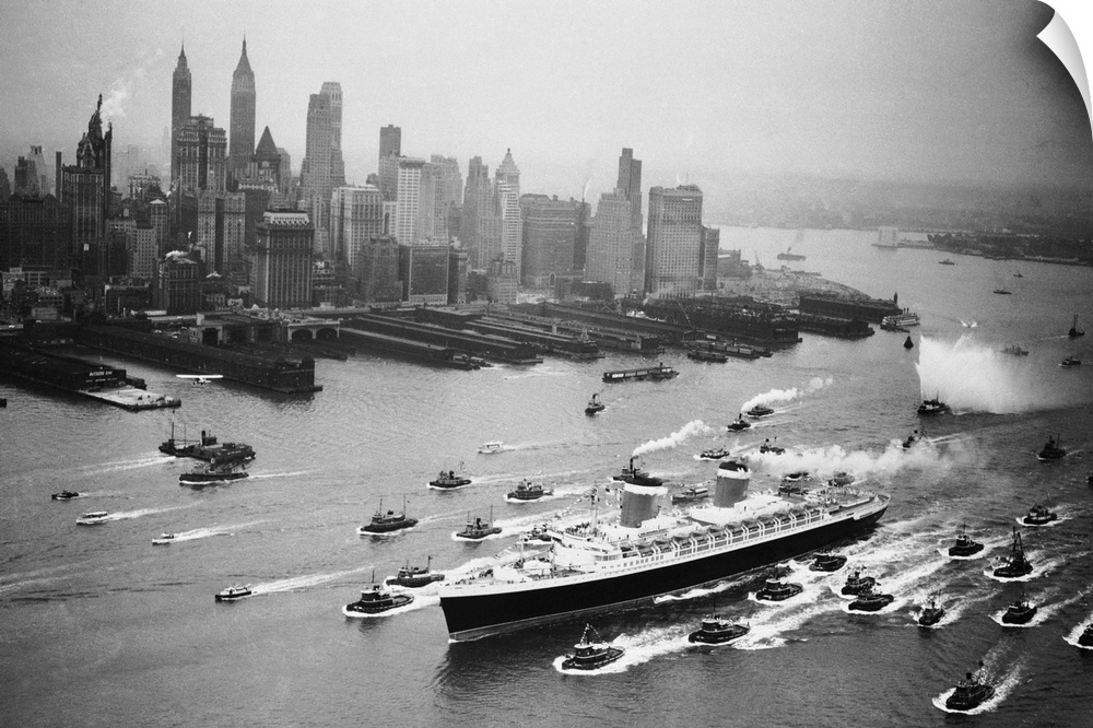 A huge cordon of tugs accompanies the new superliner United States past the New York skyline, June 23, as the 73 million d...