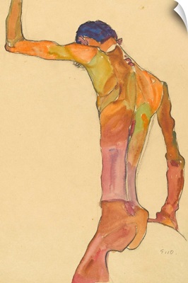 Standing Male Nude With Arm Raised, Back View By Egon Schiele