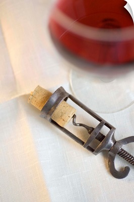 Still life of corkscrew and wine