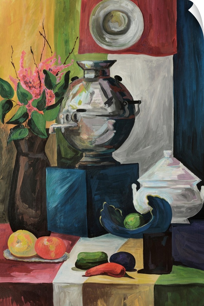 Still life with a samovar, dishes, fruit, and flowers.