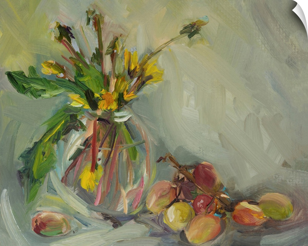 Still life with grapes and a bouquet of yellow dandelions in a vase.