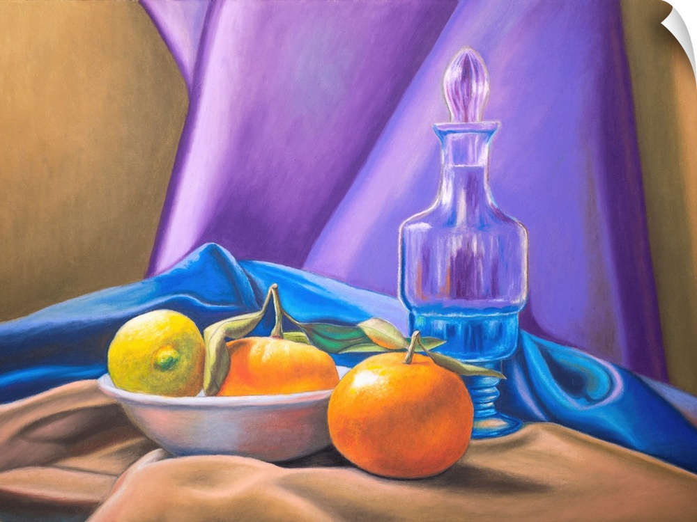 Still life with lemon, tangerines, and some colorful drapery.