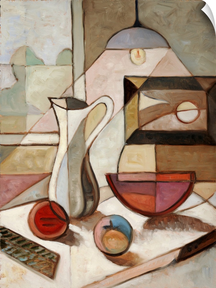 Abstract oil painting of still life with pitcher and fruits.