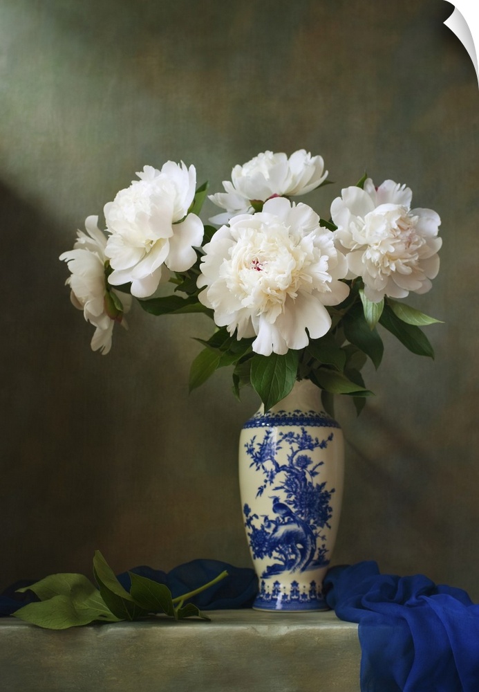 Still life with white peonies in a chinese vase.