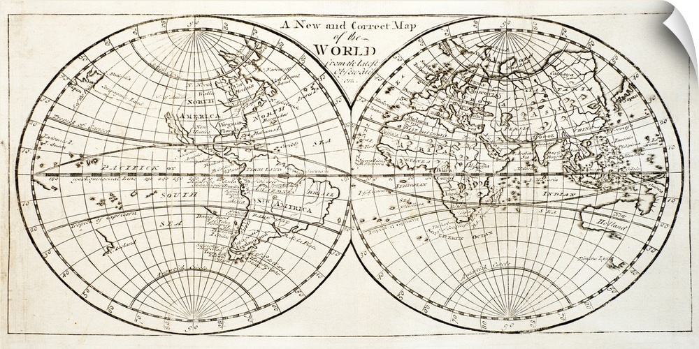 Large antiqued map of the word print with two circles next to each other and the different land masses drawn and labeled i...
