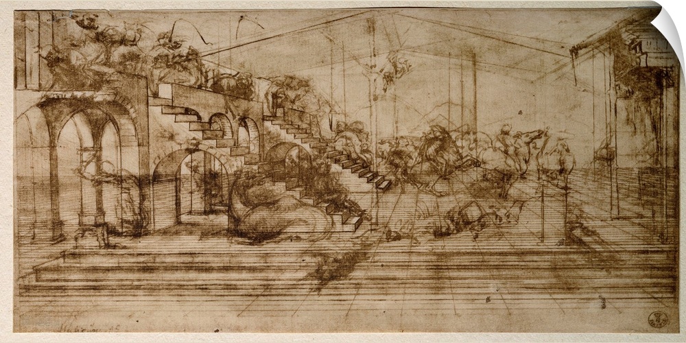 This drawing is a perspective study for Adoration of the Magi, an unfinished work by Leonardo da Vinci. Located in: Galler...