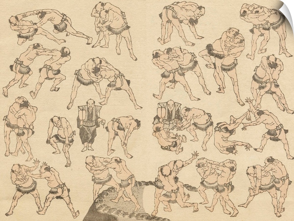 Sketch of sumo wrestlers showing many different holds, from The Hokusai Manga (Random Sketches by Hokusai), a collection o...