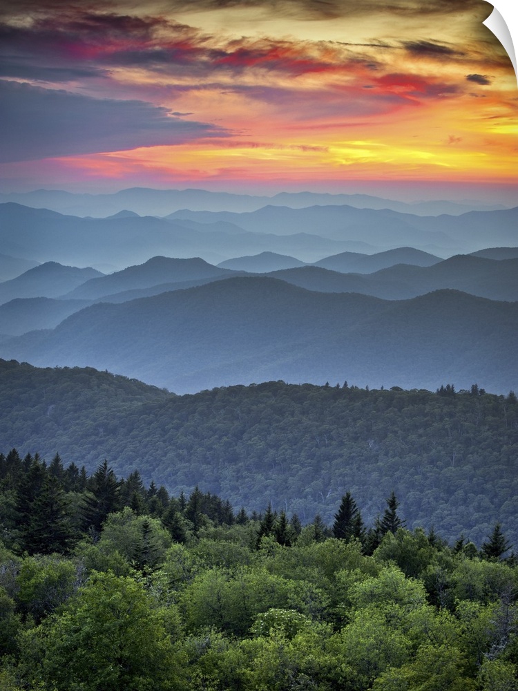 Blue Ridge Parkway scenic landscape with the Appalachian Mountain ridges and sunset  over Great Smoky Mountains National P...