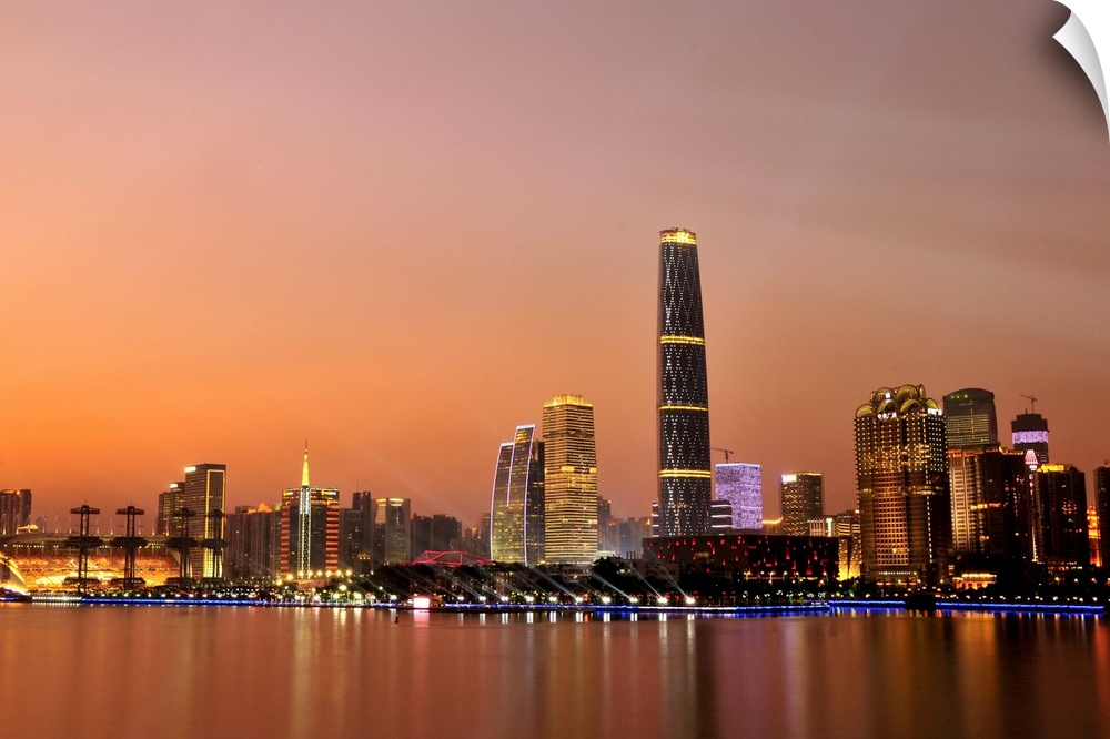 Sunset view of Central Business Centre of Guangzhou, alao named Zhujiang New Town. The highest skyscraper is Guangzhou Int...