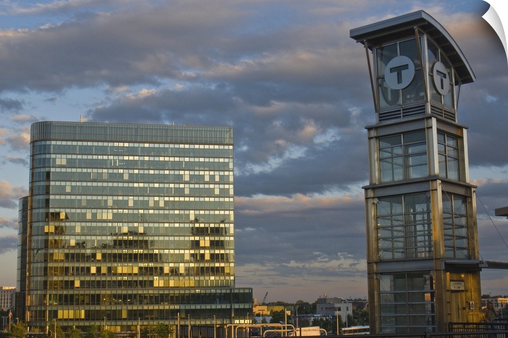 T Station with office building beyond in evening, Boston, Massachusetts, USA