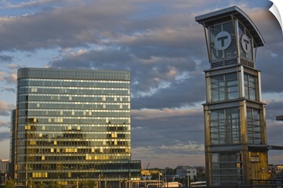 T Station with office building in the evening, Boston, Massachusetts