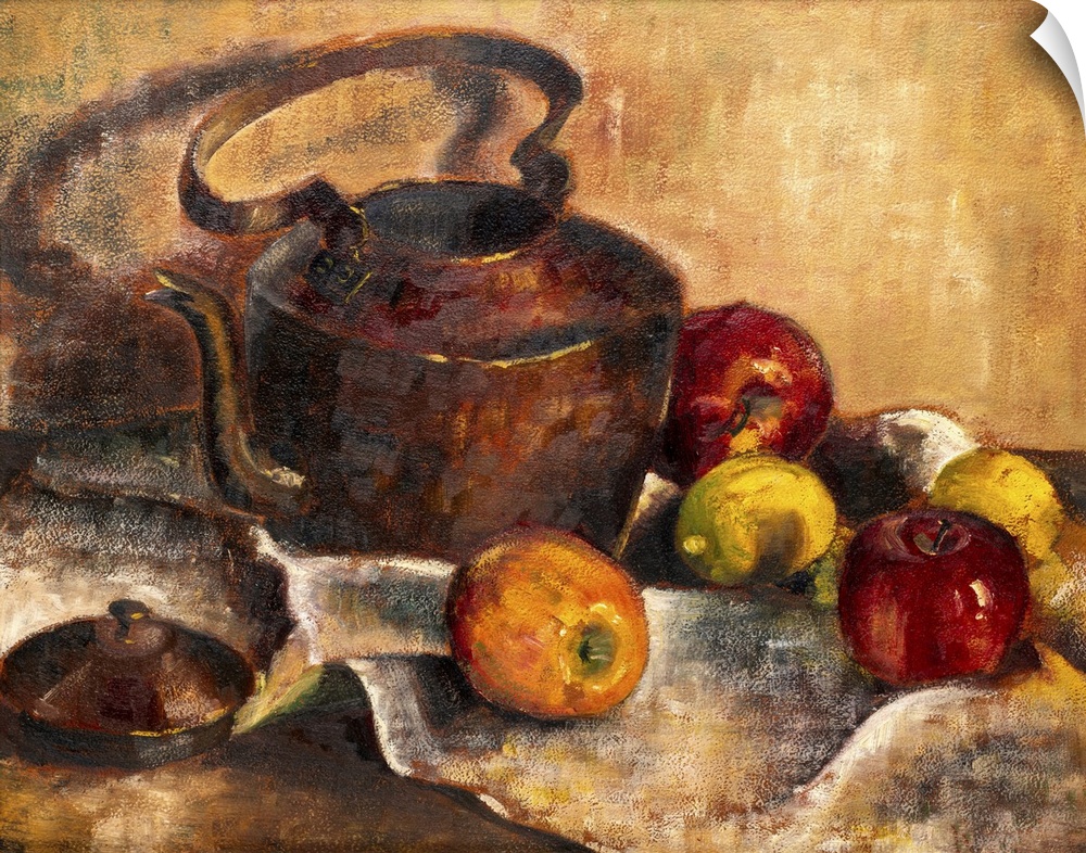 Still life painting with teapot, apples, lemons on a tablecloth background.