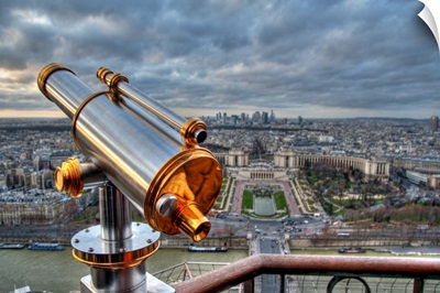 Telescope from Eiffel Tower and view of Trocadero, and Paris roofs, Paris, France.