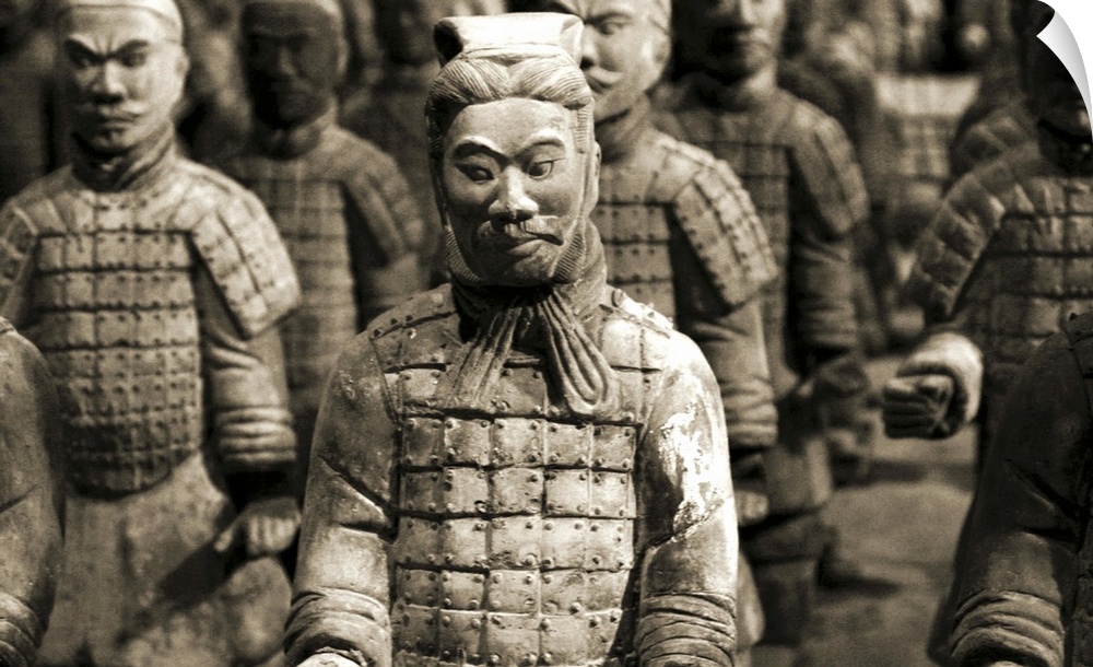 Terracotta warriors stand at attention in this representation of the Terracotta Army in  Lintong District, Xi'an, Shaanxi ...
