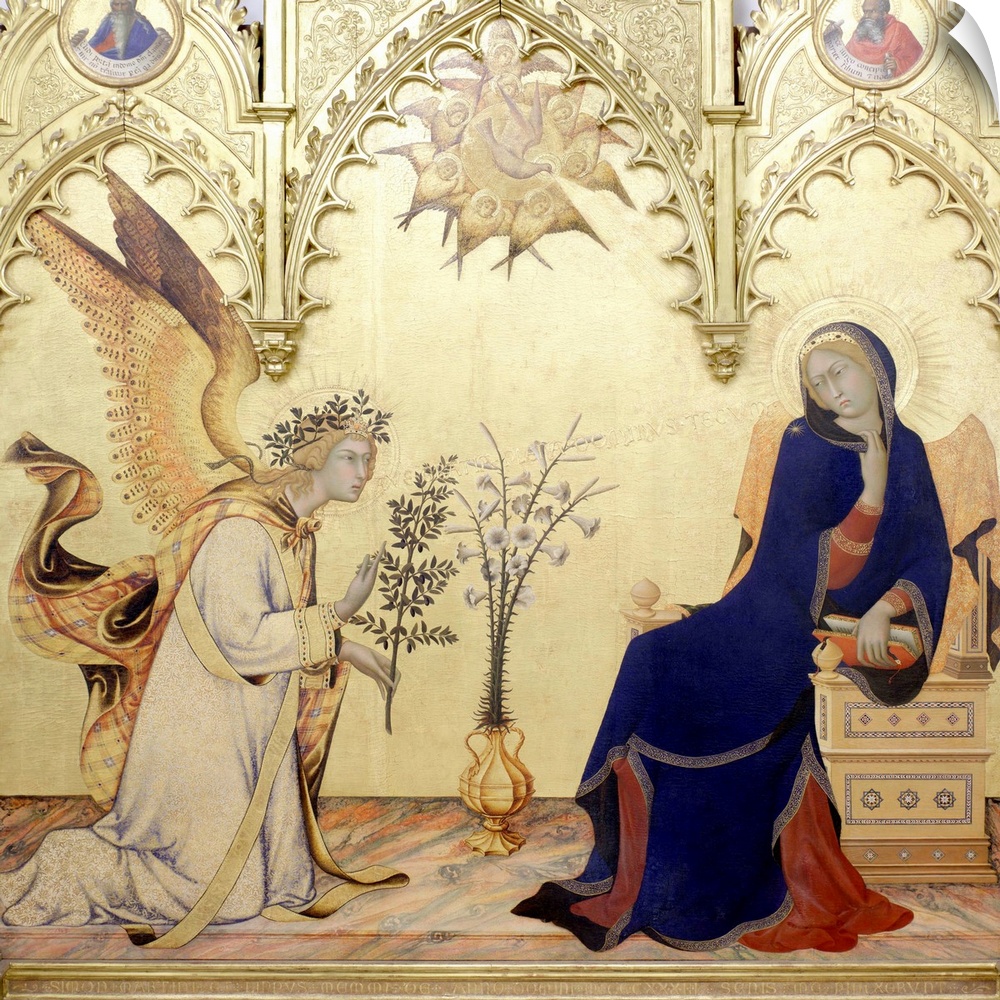 Detail of The Annunciation with Two Saints by Simone Martini (Italian, 1285-1344), 1333. Tempera and gold leaf on wood pan...
