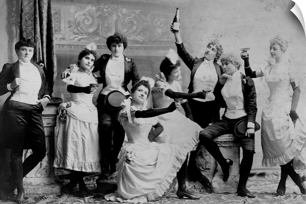 The Black Crook Company, an all-female theater company, in formal attire, drinking champagne.