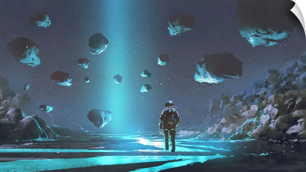 Digital illustration of an astronaut on turquoise planet with glowing blue minerals.