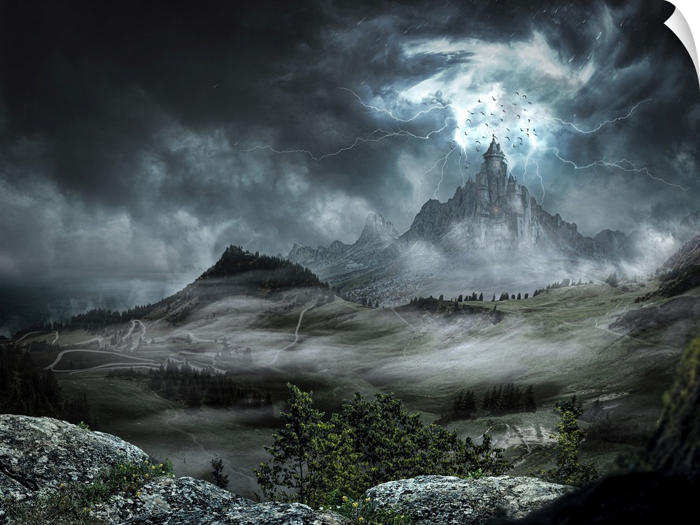 Digital illustration of a dark castle with strong rays and lightning.