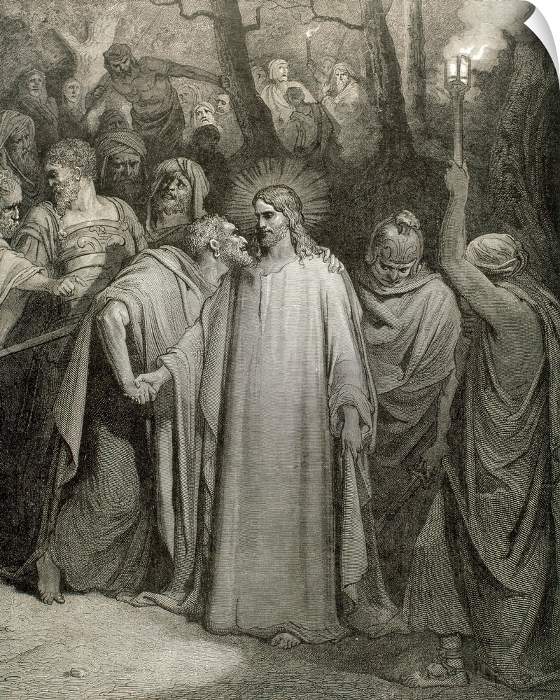 The Judas kiss (1866). Gospel of John. Drawing by Gustave Dore and engraving by Pannemaker.