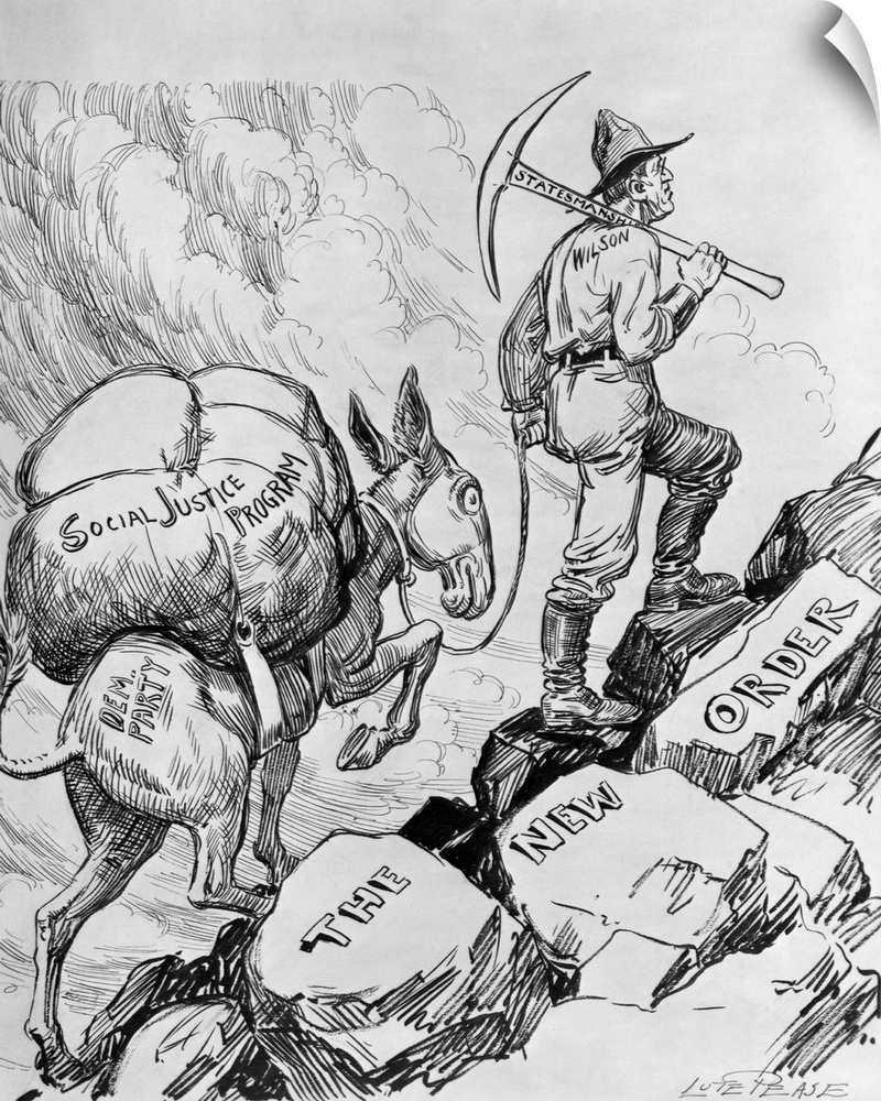 A political cartoon showing Woodrow Wilson as a prospector with a statesmanship pike leading a Democratic party donkey loa...