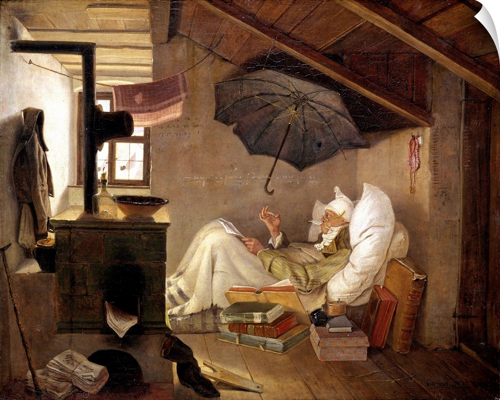 The Poor Poet. An old man bedridden in an attic. Painting by Carl Spitzweg (1808-1885), 1839. 0,36 X 0,44 m. Berlin, Altes...