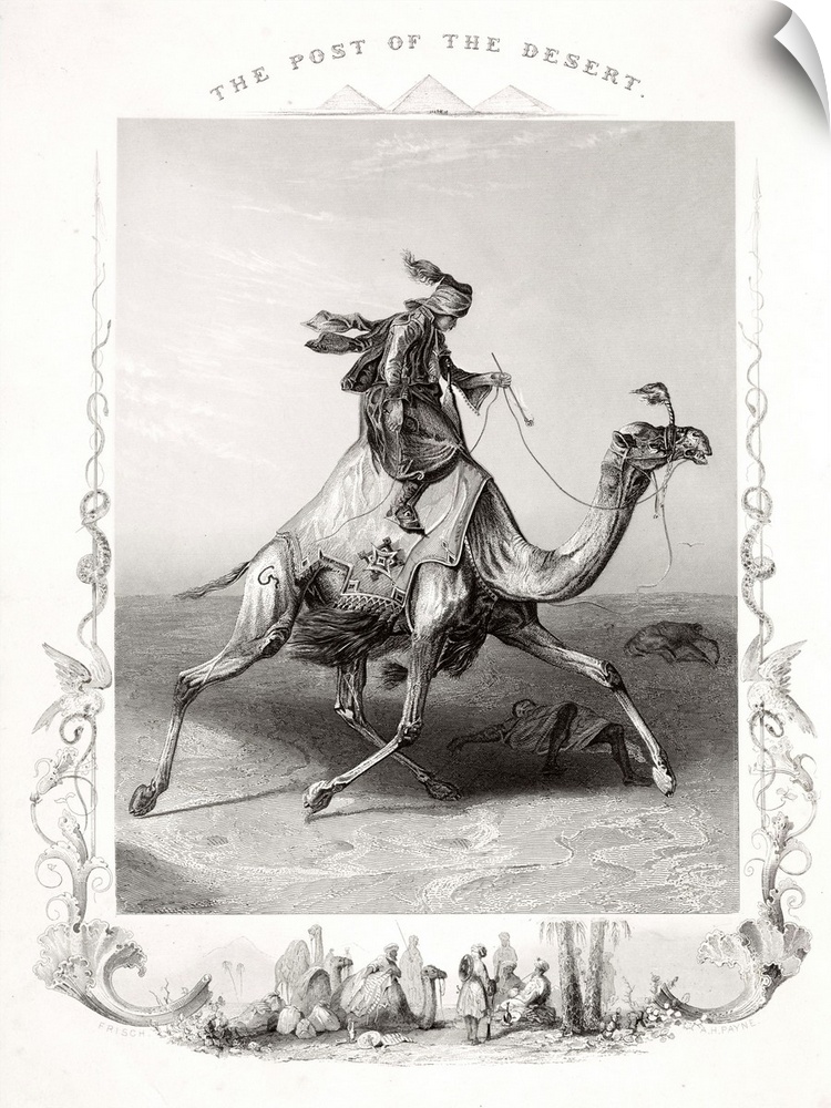 The Post of The Desert. A fanciful 19th century British image representing an Egyptian postman riding a dromedary camel th...