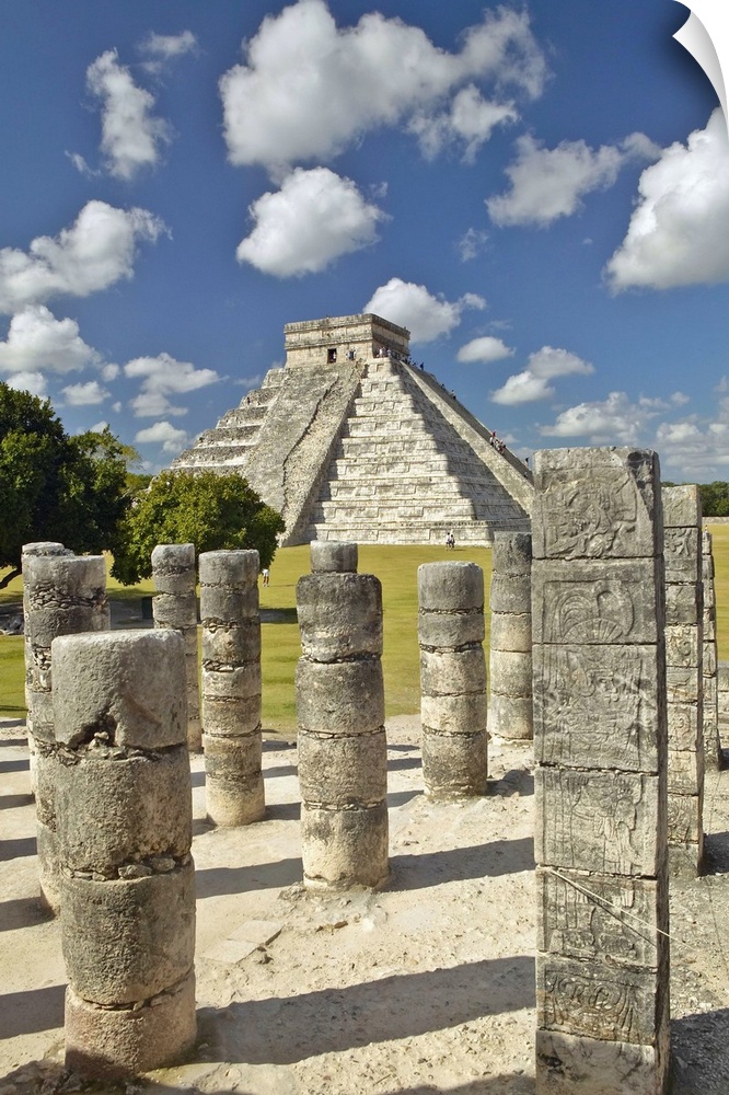 The Pyramid of Kukulkan, (also known as El Castillo), a Mayan ruin, as seen from the Thousand Columns (foreground), Chiche...