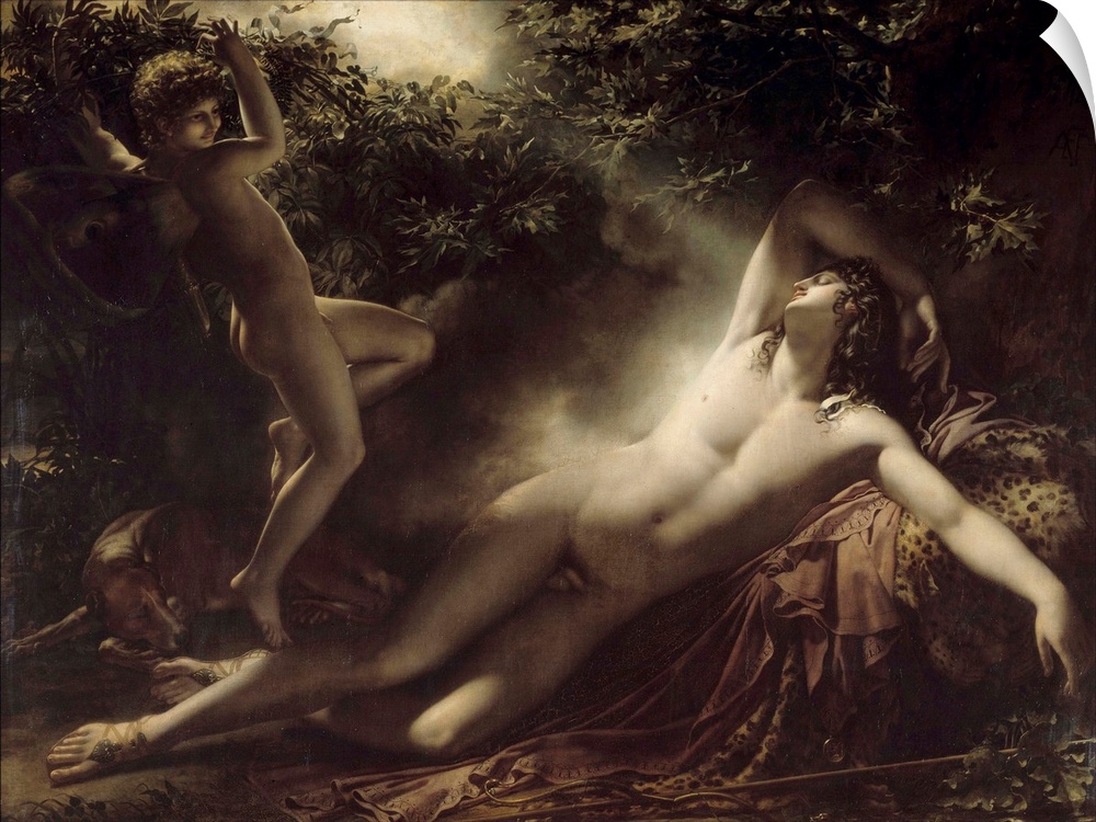 The Sleep of Endymion or Endymion, moon effect. Painting by Anne Louis Girodet de Roussy Trioson (Roucy Trioson, 1767-1824...