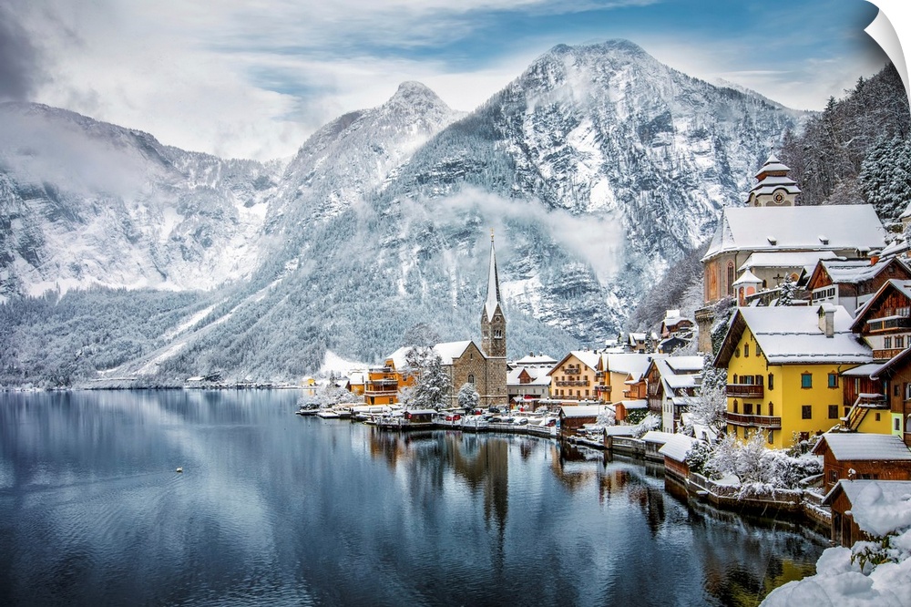 The snow covered village of Hallstatt in the Austrian Alps during winter time