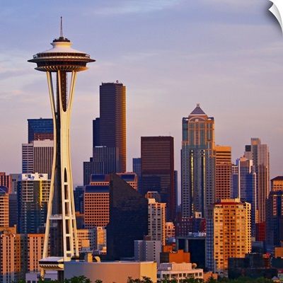 The Space Needle at dusk in Seattle, Washington.