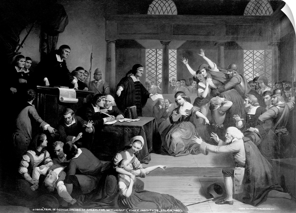 A portrayal of the 1692 witchcraft trials in Salem, Massachusetts shows George Jacobs (right) attempting to plead his inno...
