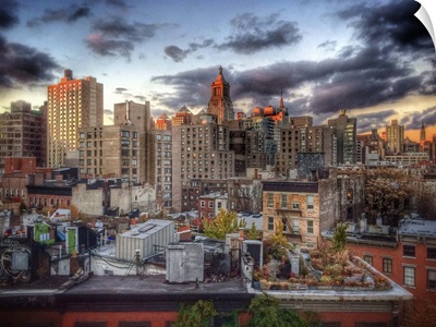 The view at sunset looking uptown from the East Village, New York City