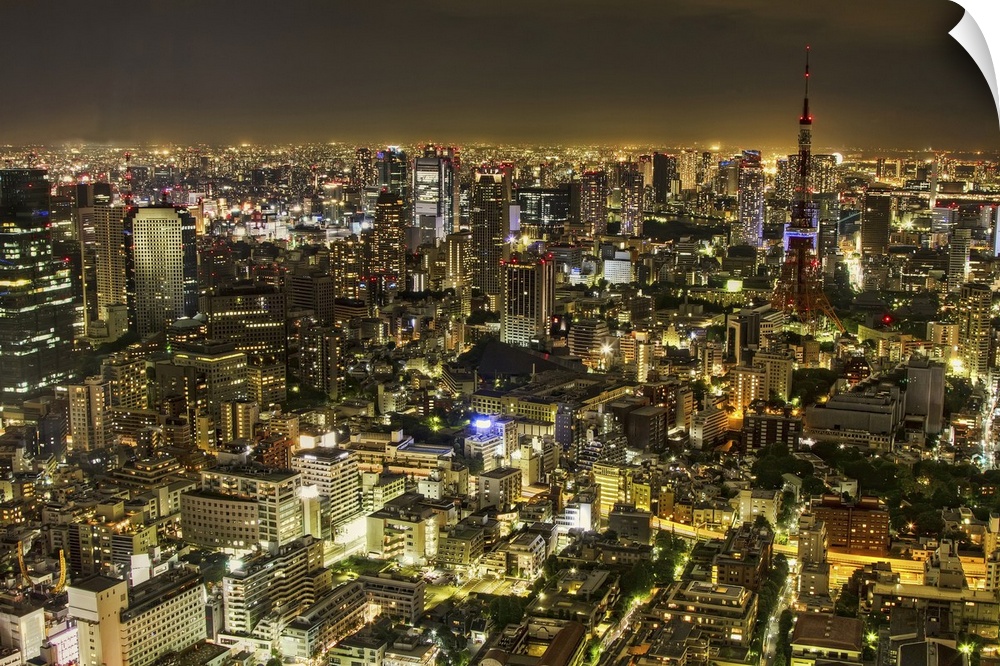 Horizontal, big aerial photograph of the city of Tokyo, brightly lit at night.
