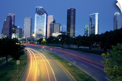Traffic on the road at night, Allen Parkway, Houston, Texas