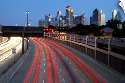 Trails of vehicle lights along US Highway, Dallas, Texas