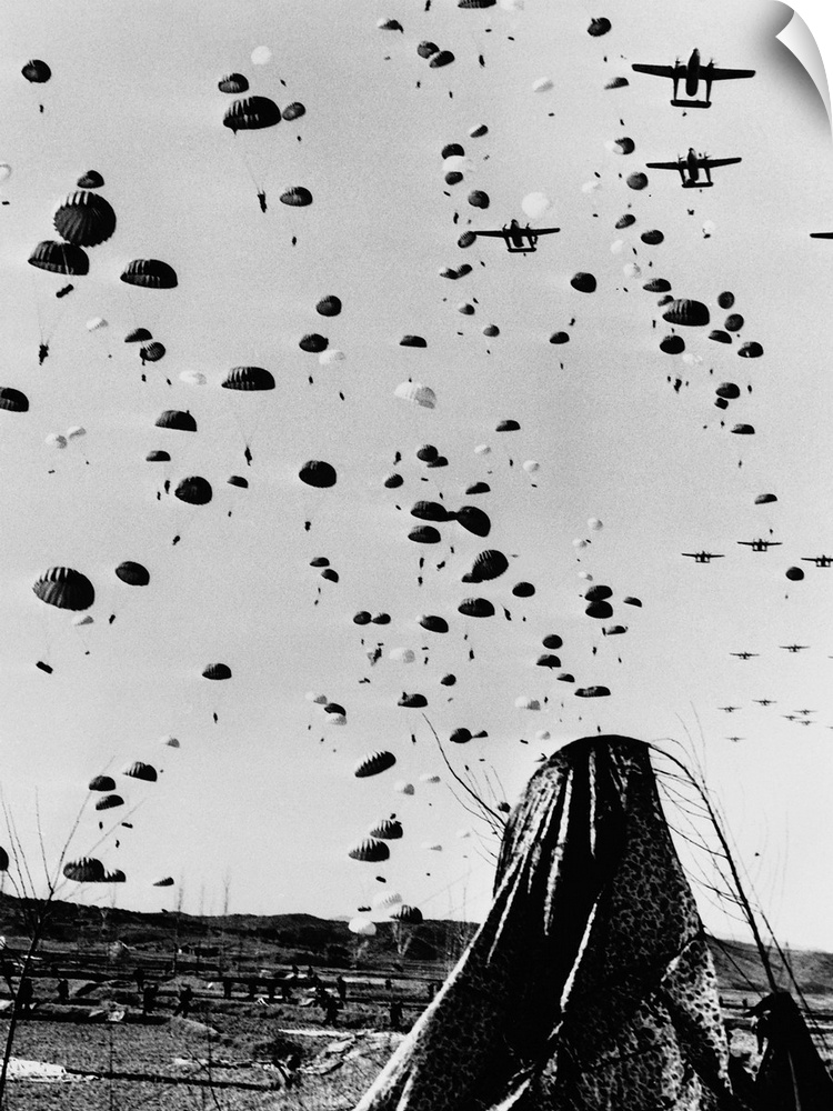 Down Comes The Combat Team By Parachute, The Korean War Continues. Paratroopers of the 187th Airborne Regimental Combat Te...
