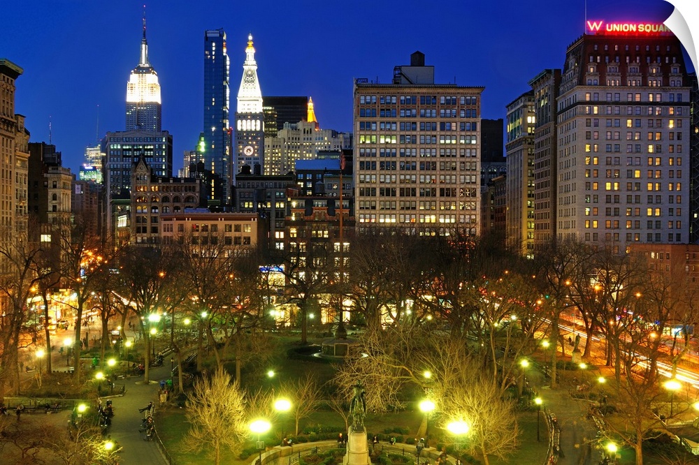 Aerial view of Union Square in Manhattan, New York City at night.